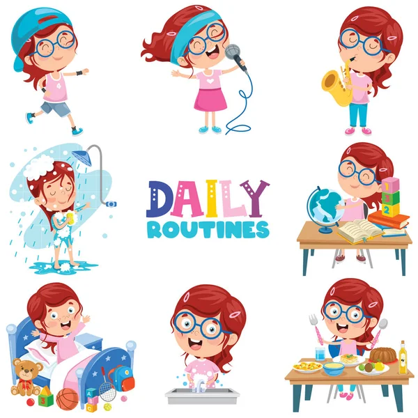 Little Girl Doing Daily Routine Activities - Stok Vektor