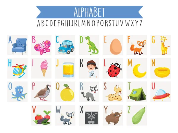 Εικονογραφημένα Αλφάβητα Γράμματα Και Αντικείμενα Κινουμένων Σχεδίων — Διανυσματικό Αρχείο