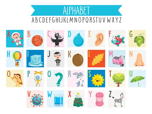 Εικονογραφημένα Αλφάβητα Γράμματα Και Αντικείμενα Κινουμένων Σχεδίων — Διανυσματικό Αρχείο