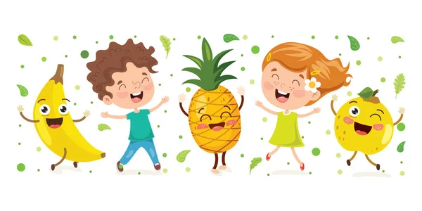 Λιτίλ Παιδί Και Καρτούν Φρούτα — Διανυσματικό Αρχείο