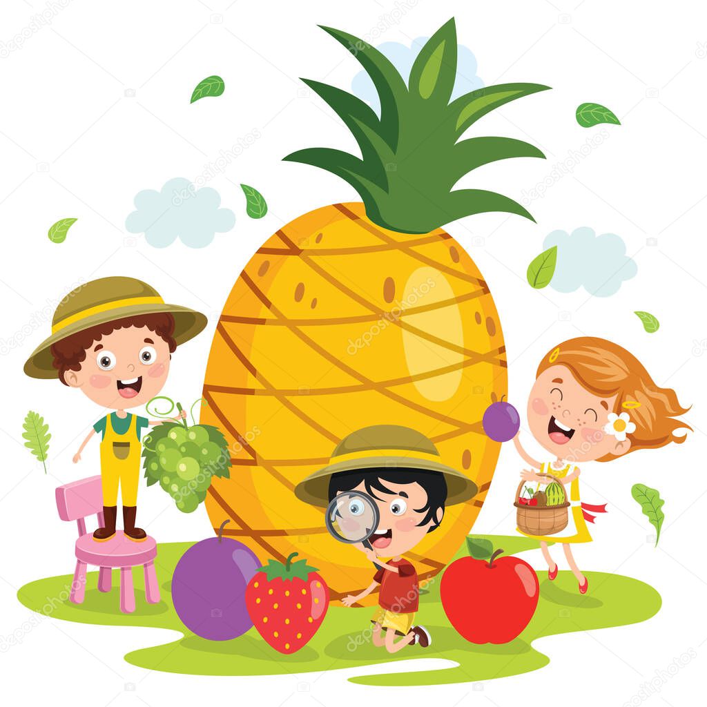 Liitle Child And Cartoon Fruit