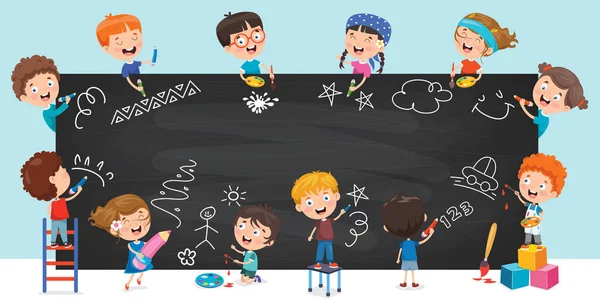 Niños Felices Dibujando Pizarra — Vector de stock