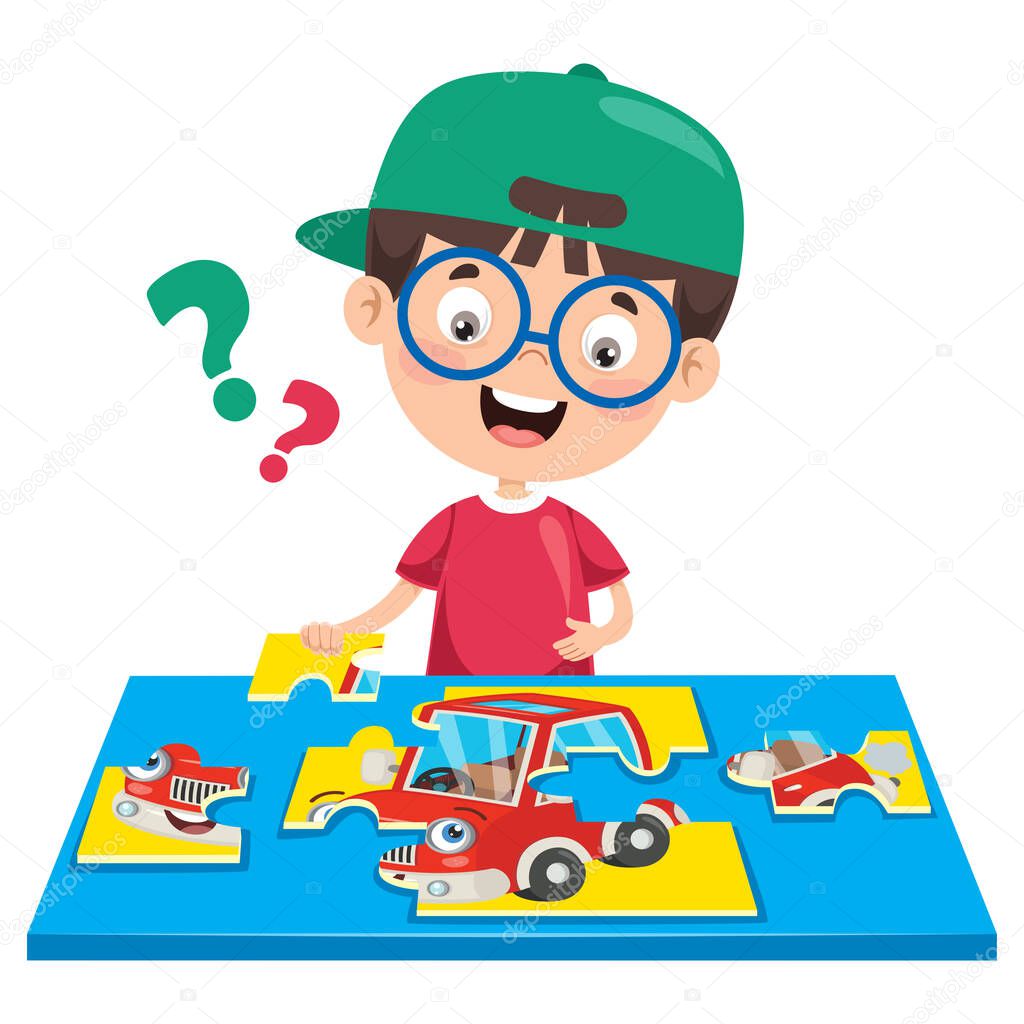 Kid Playing Colorful Jigsaw Puzzle