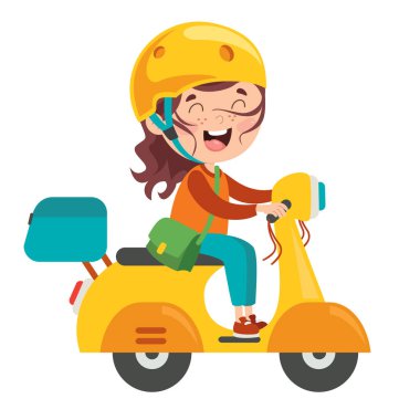Komik Çocuk Renkli Motosiklet Sürücüsü