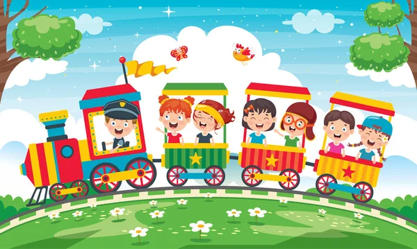 Αστεία Παιδιά Ιππασία Στο Τρένο — Διανυσματικό Αρχείο
