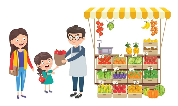 Grocer Shop Verde Com Várias Frutas Legumes — Vetor de Stock