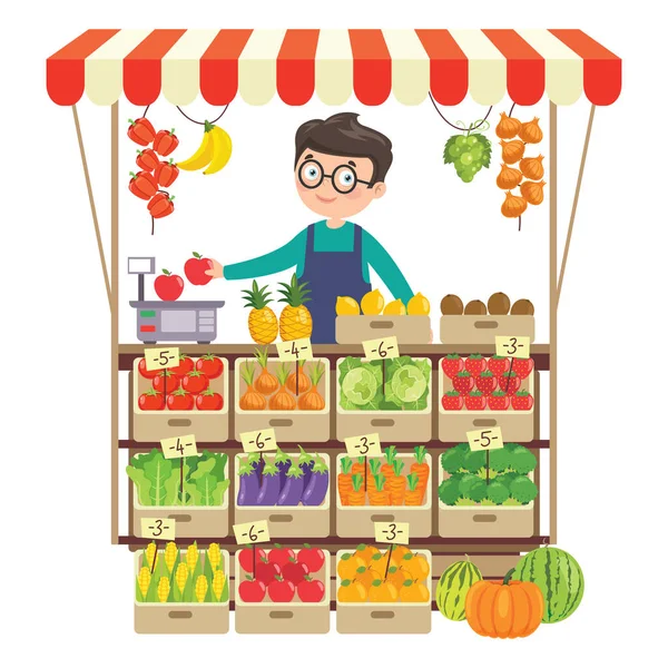 Tienda Comestibles Verdes Con Varias Frutas Verduras — Vector de stock