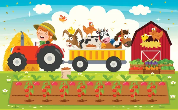 Divertido Pequeño Agricultor Montando Tractor — Vector de stock