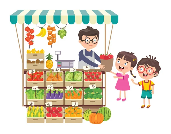 Tienda Comestibles Verdes Con Varias Frutas Verduras — Vector de stock