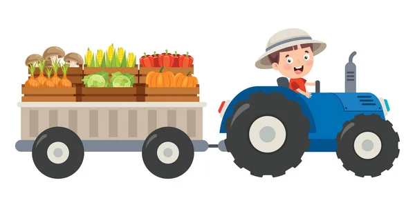 Vicces Kis Farmer Lovaglás Traktor — Stock Vector
