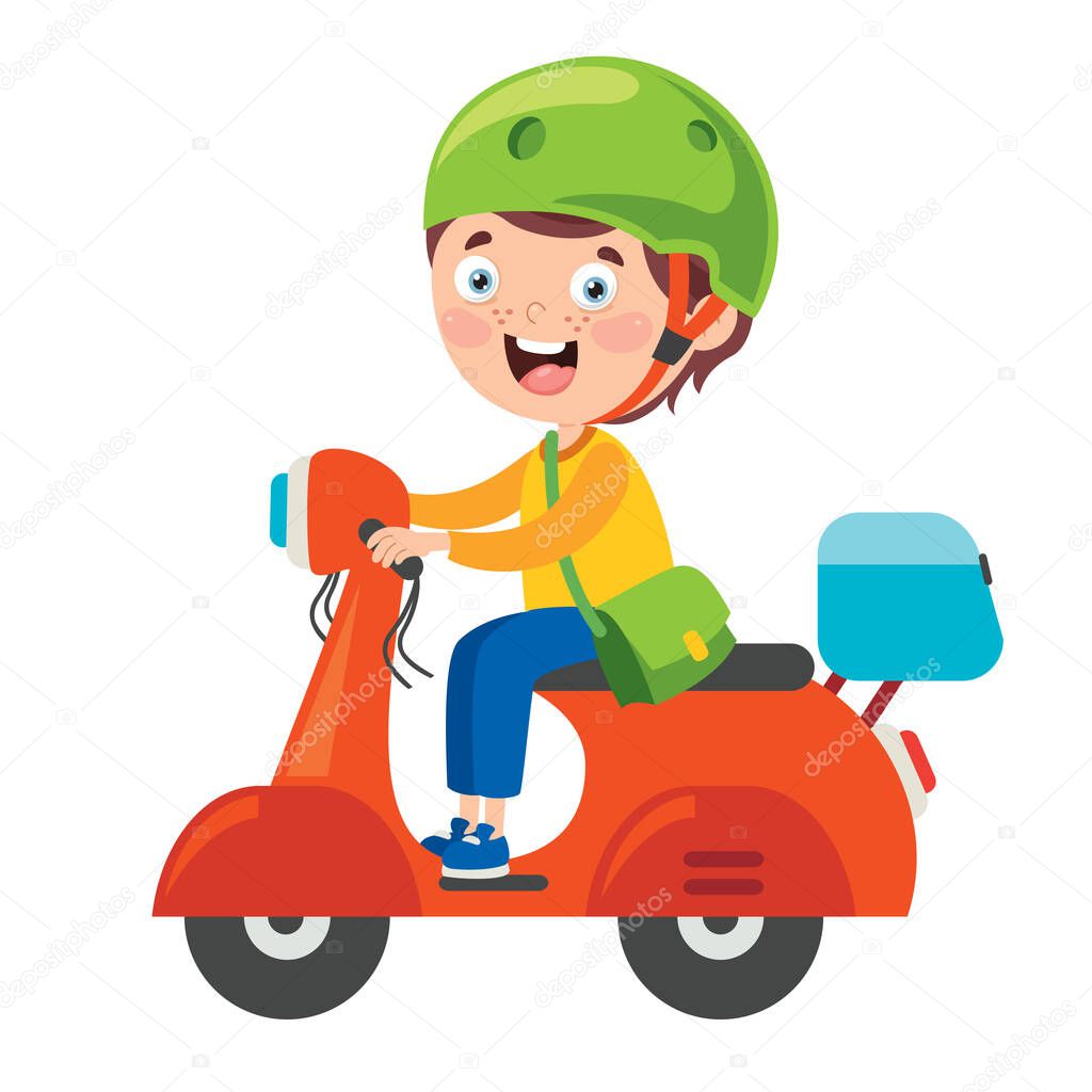 Funny Kid Driving Colorful Motorcycle