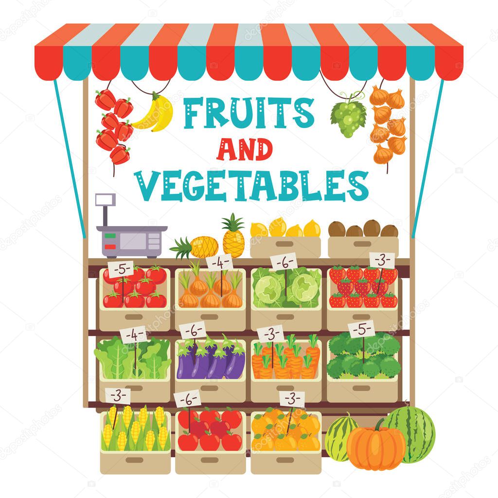 Green Grocer Shop With Various Fruits And Vegetables