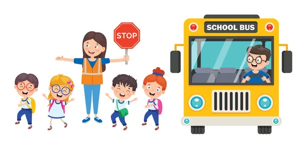 Niños Felices Autobús Escolar — Vector de stock