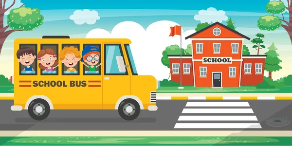 Enfants Heureux Autobus Scolaire — Image vectorielle