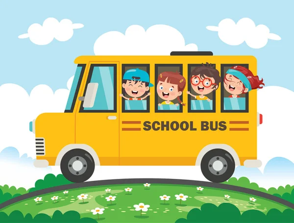 Enfants Heureux Autobus Scolaire — Image vectorielle