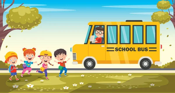 Niños Felices Autobús Escolar — Vector de stock