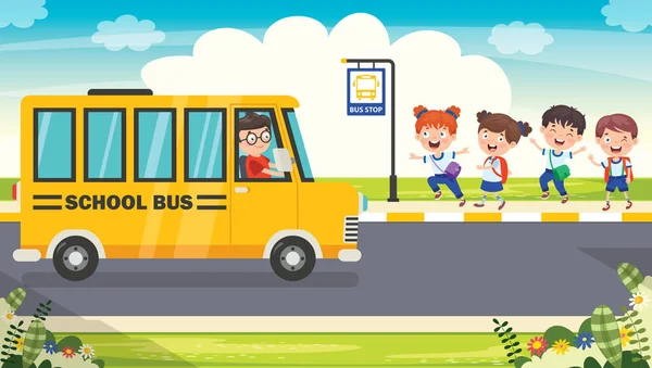 Enfants Heureux Autobus Scolaire — Image vectorielle