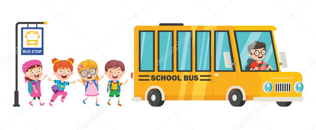 Happy Children And School Bus