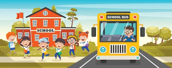 Crianças Felizes Ônibus Escolar — Vetor de Stock