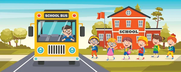 Niños Felices Autobús Escolar — Vector de stock