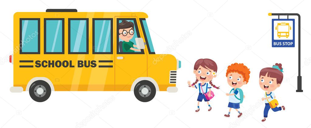 Happy Children And School Bus