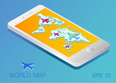 uçak ile smartphone ekranında Dünya Haritası. Vektör çizim.