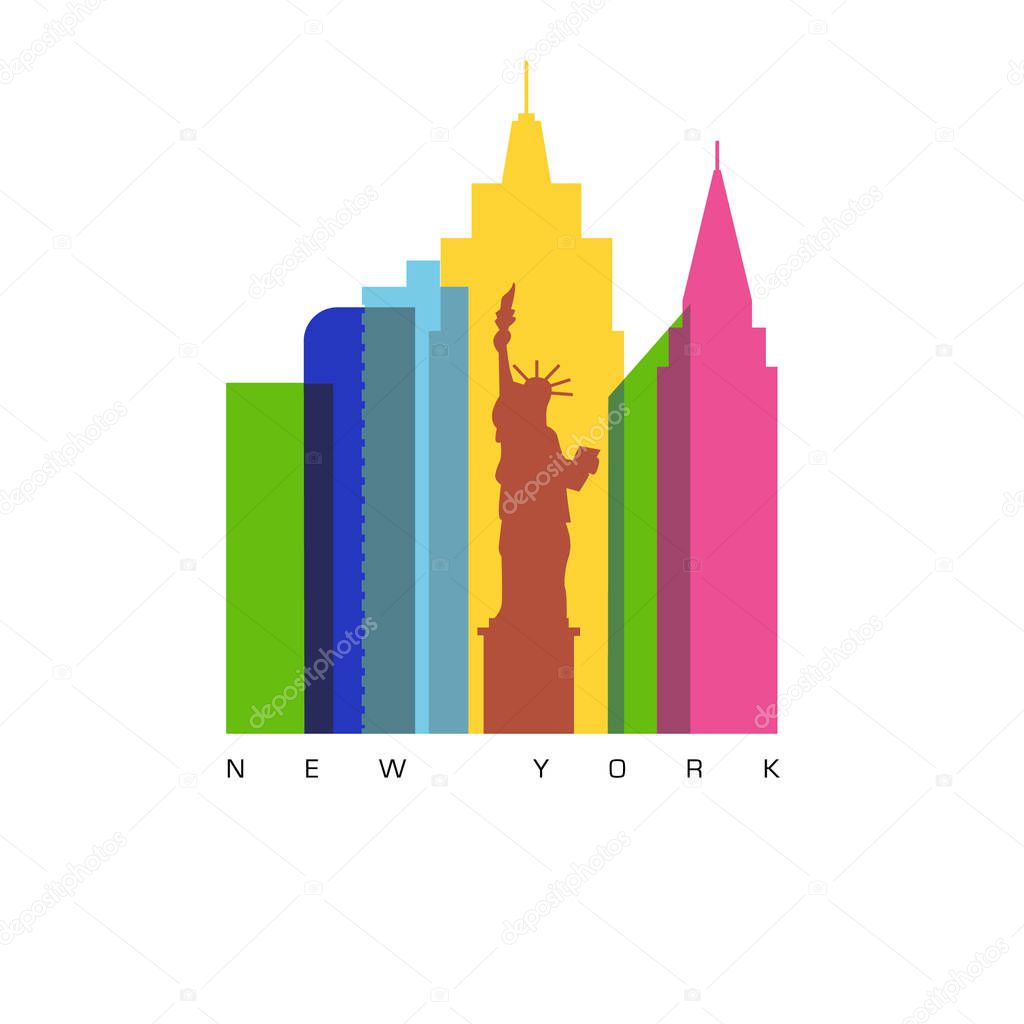 Background of New York buildings and monuments. For tourism, vacations, travel, culture. Vector illustration.