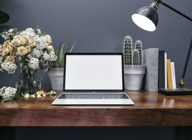 çalışma alanı mockup 3D render. Çalışma alanı kadar sahte.