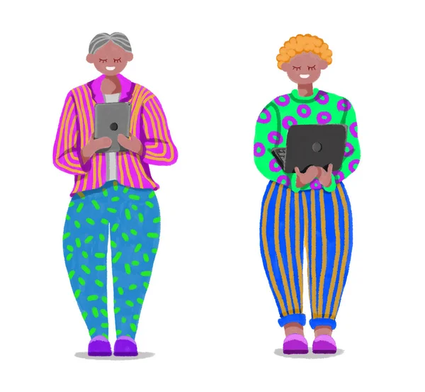 社交媒体的例证 说明2名男子与笔记本电脑和Ipad 自由职业概念横幅设计 平面风格插图 — 图库照片