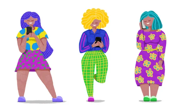 Jovens Mulheres Prontas Usar Conjunto Personagens Hipster Meninas Com Telefone — Fotografia de Stock