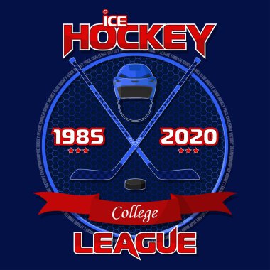 Hokey Ligi arması. Hokey kask, Hokey sopası, Hokey diski kırmızı kurdele ile mavi bir arka plan üzerinde. Arka plan ve metin ayrı katmanlarda bulunan ve kolayca devre dışı bırakılabilir.