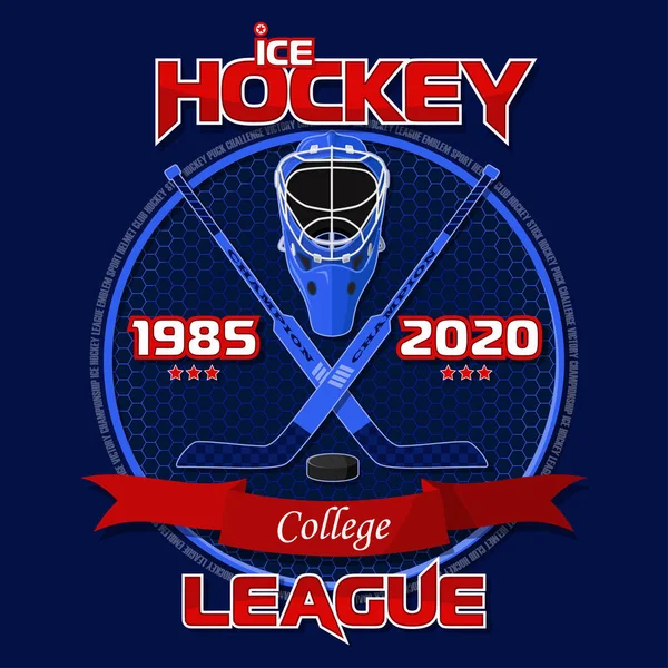 Emblema Della Lega Hockey Sfondo Blu Con Nastro Rosso Sfondo — Vettoriale Stock