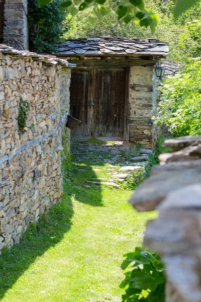 Dar sokak eski taş duvarlar arasında çim kaplı — Stok fotoğraf