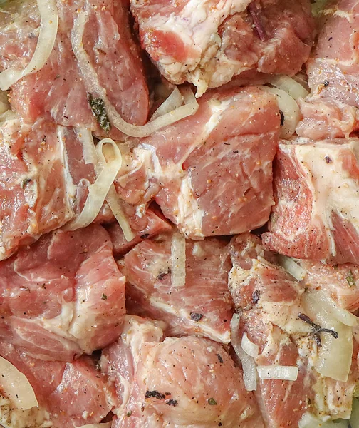 Pickled raw meat with seasonings and vegetables for barbecue. — Stock Image Pickled Raw Meat Seasonings Vegetables Barbecue Stock Picture