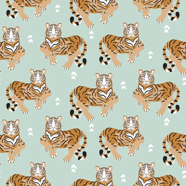 Modèle sans couture avec tigre sur fond vert . — Image vectorielle