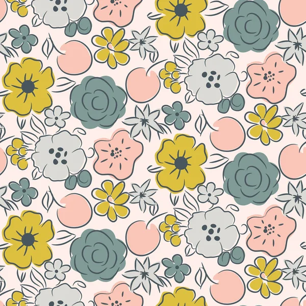 Nahtloses Muster mit blühenden Blumen und Beeren. — Stockvektor