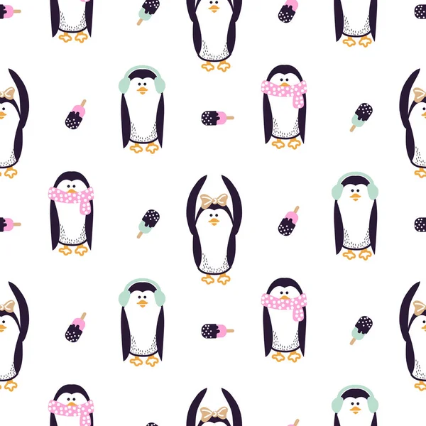 Bezešvá vektorová vzorek s roztomilé dítě tučňáci. — Stockový vektor