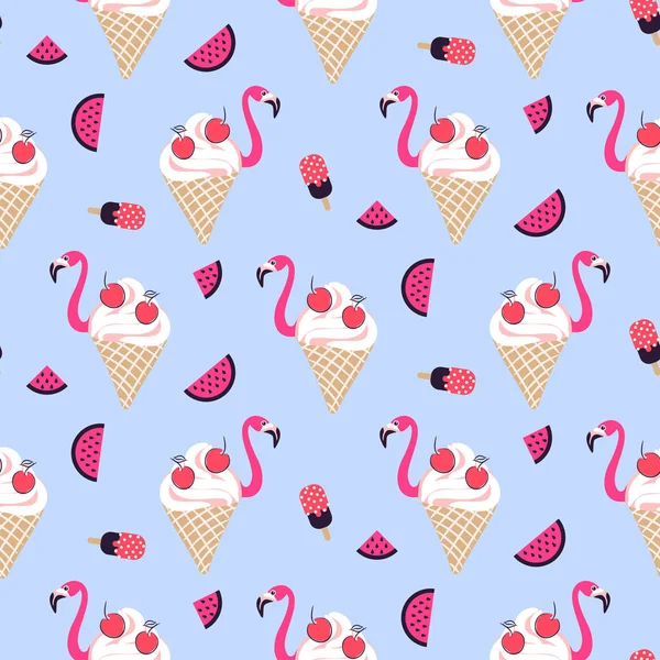 Seamless pattern with flamingo ice cream and watermelon. — Stock Vector