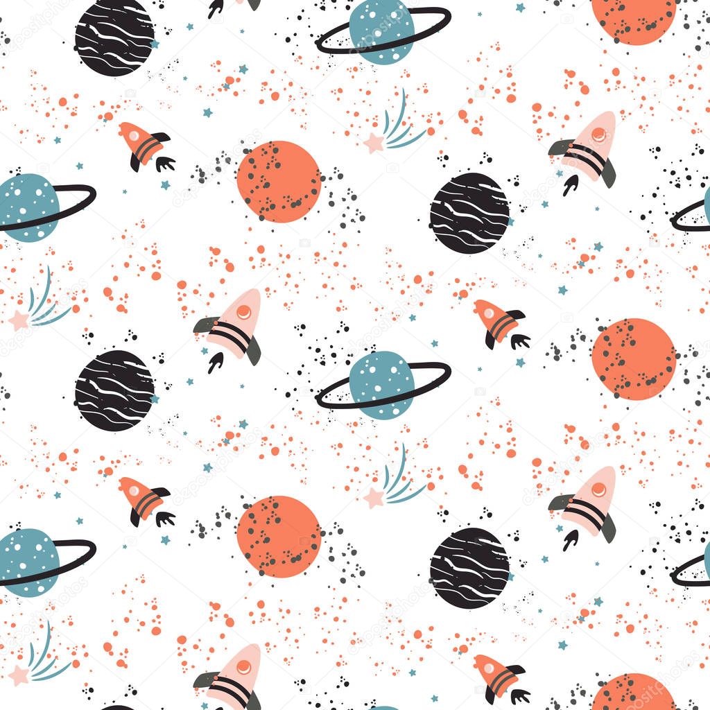 Seamless vector pattern with planets and spaceships.