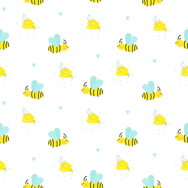 Padrão sem costura com abelhas infantis bonitos e ninho de abelhas . —  Vetores de Stock