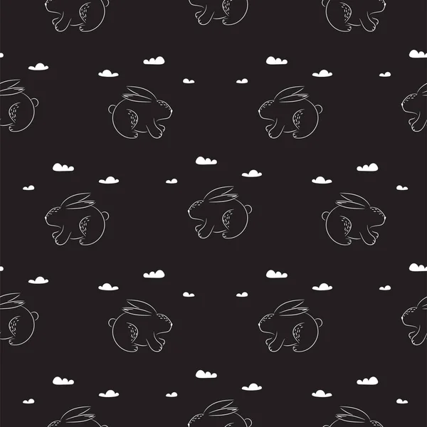 Hand drawn outline bunny black background vector seamless pattern. Sketched fabric print. — Stock Vector