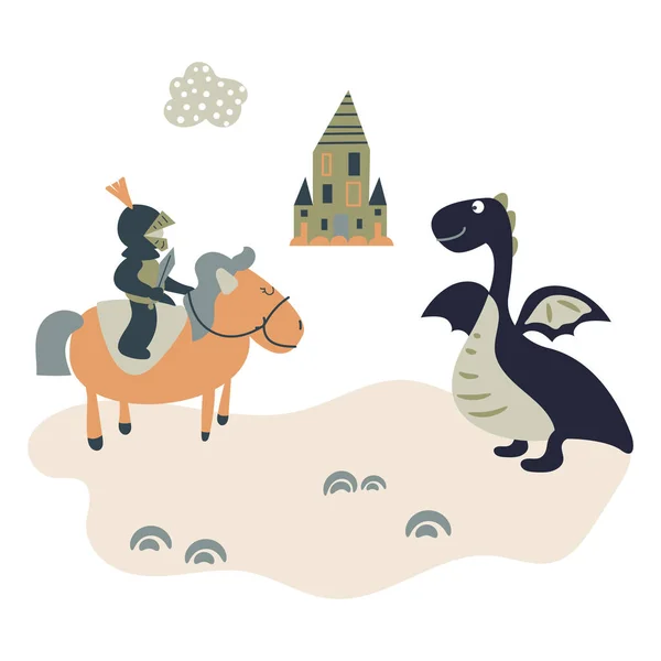Мультяшний лицар на коні зустрічає дракона. Дитячий замок тема ілюстрація . — стоковий вектор
