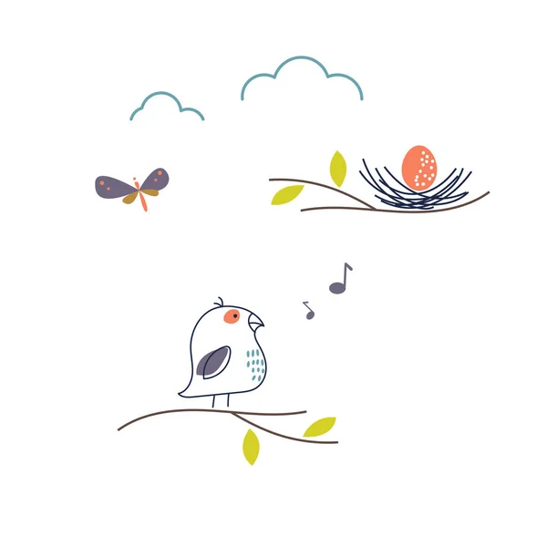 Cute spring bird singing to nest vector illustration. — Stockový vektor