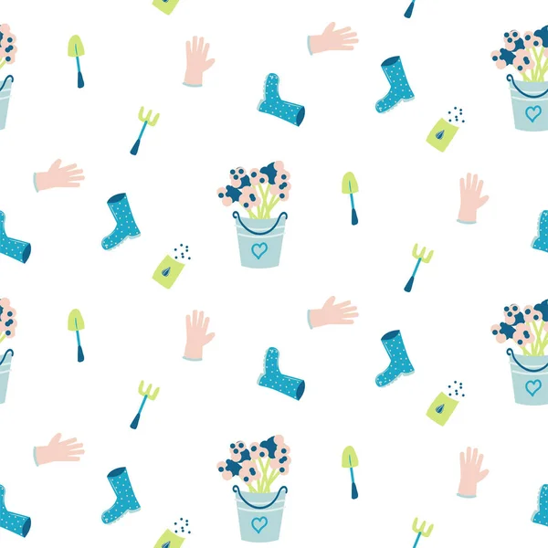 Seamless pattern with hand drawn gardening tools - flowers in a bucket, gloves, rubber boots and seeds. Vector illustration. — Stockvector