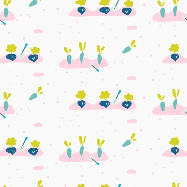 Garden bed seamless pattern with hand drawn gardening tools and vegetables seeds. Vector illustration. — Διανυσματικό Αρχείο