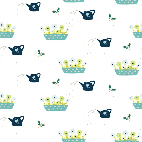 Seamless pattern with hand drawn gardening tools - flowers in a pot and watering can. Vector illustration. — Stockvector