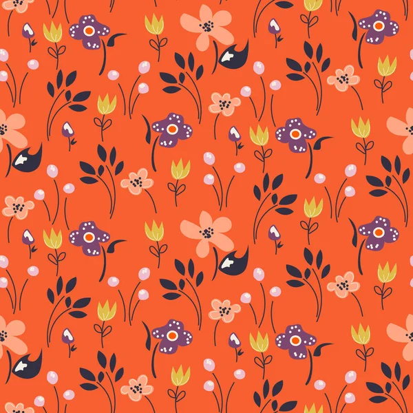 Vintage weide bloemenpatroon. Rustieke bloemen en bessen rood koraal achtergrond. — Stockvector