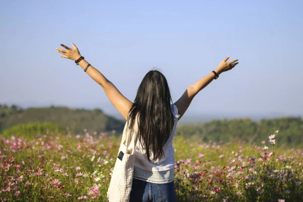 Stock Photo Happy girl enjoying the freedom and happiness on sunny meadow — Stock Photo, Image