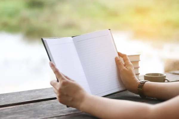 Archivbild junge Frau liest Finanzdiagramm im Sonnenlicht im Garten — Stockfoto