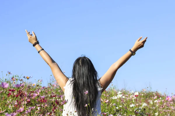 Stock Photo Ragazza felice godendo la libertà e la felicità sul prato soleggiato — Foto Stock